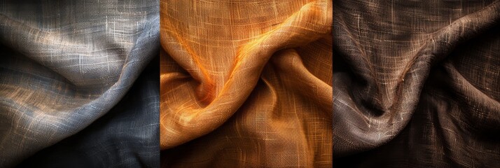 Poster - Studio photo of three textured fabrics in a line, softly lit to show their unique textures and patterns