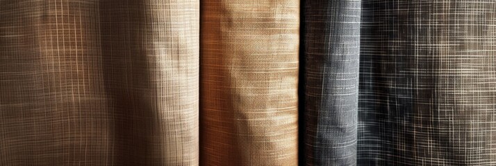 Poster - Close-up of three textured fabrics in a row, highlighted by soft lighting to show off the weave details and color variations