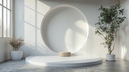 Empty white podium with circle backdrop for product display, window shadow overlay.