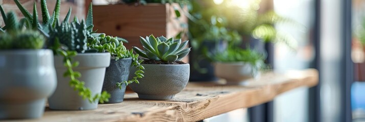 Poster - Succulents and ferns in various pots are arranged on a wooden shelf, with a soft focus background