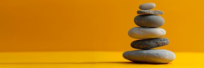 Poster - A close-up photograph of a carefully balanced stack of smooth gray pebbles on a bright yellow surface