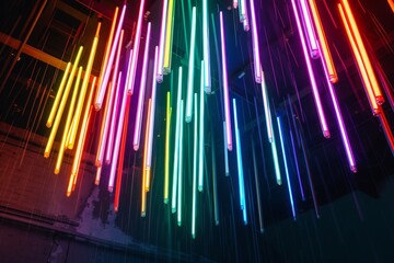 Poster - A close-up view of a neon light installation, featuring a cascade of thin, colorful lights descending from the ceiling