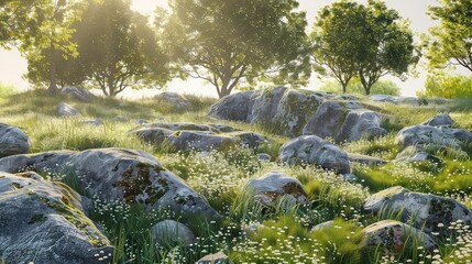 Canvas Print - A view of a peaceful forest scene with tall trees and large gray rocks, suggesting a serene and natural environment.