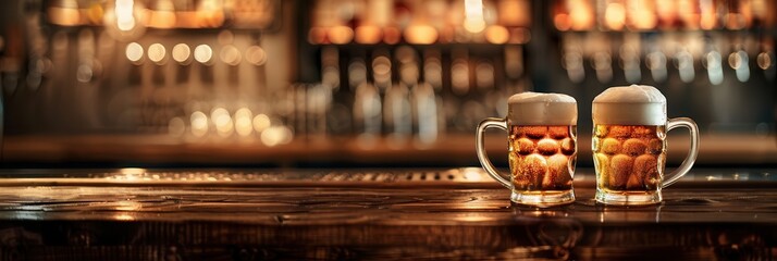 Aufkleber - Two full beer mugs with white foam sit on a wooden bar counter, with a blurred background of a bar with lights and shelving. Generative AI