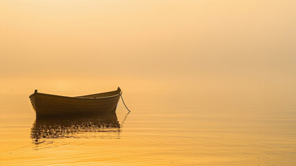 A lone small wooden rowing boat is moored in calm water. The illustration creates a serene mood. Nature background. Design for banner, flyer, poster, cover or brochure.