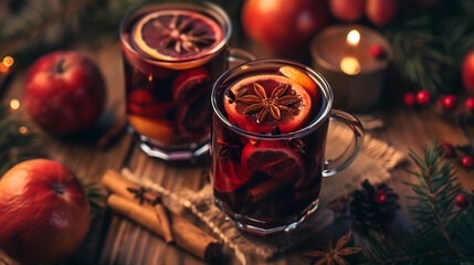 photo illustrates two glasses of warm spiced drinks with orange slices and anise stars on top sitting beside each other on a wooden table surrounded by pine branches and small apples