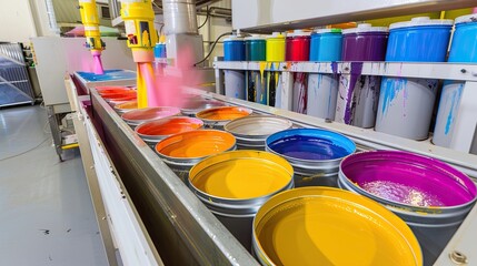 A number of open new paint cans that are filled with paint or tint. Paint manufacturing and tinting. The concept of a variety of color choices for creativity. Design for advertising or presentation.