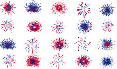Wall Mural - Fireworks Fourth of July.Set of fireworks with a red and blue stars and sparks . United states of america independence day fireworks. Red, blue fireworks for 4th of July ,Labor Day or Memorial day.