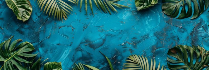Poster - A collection of tropical palm leaves are arranged on a blue, textured surface. The leaves are green and vibrant, with the blue background creating a striking contrast
