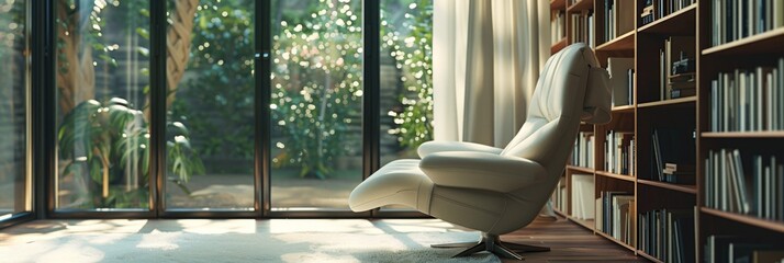 Poster - A stylish white lounge chair sits next to a bookshelf filled with books in a modern living room with large windows offering a view of lush greenery