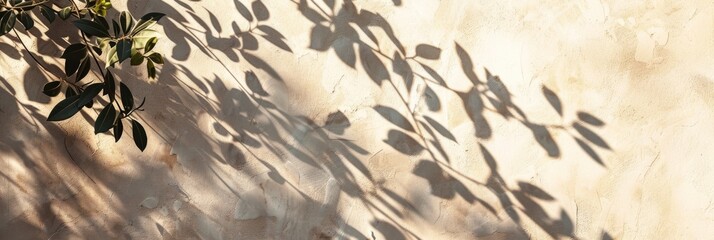 Poster - A large plant casts intricate shadows on a light beige wall, creating a visually captivating interplay of light and shadow