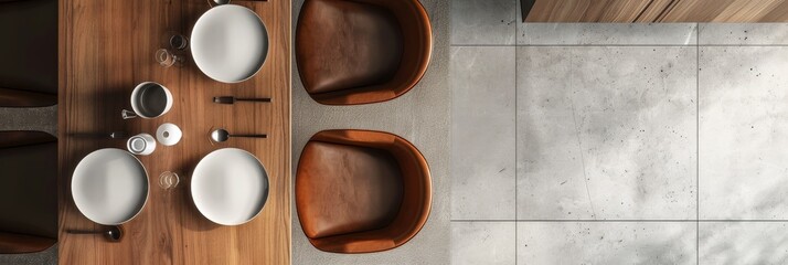 Poster - A modern dining setup with a sleek wooden table and two leather chairs. The table is set with three white plates, cutlery, and other dining accessories