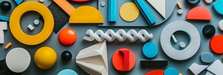 Poster - An overhead view of various abstract shapes and colors arranged on a flat surface, creating a visually appealing composition