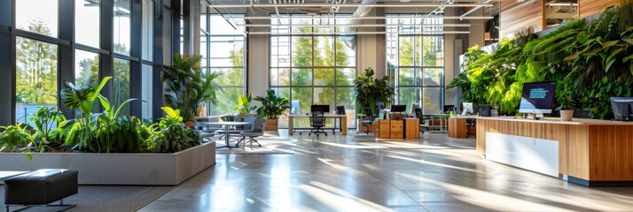 Poster - A wide-angle view of a modern office space with large windows, abundant natural light, and integrated plant life. The workspace features wooden desks, chairs, and a reception desk