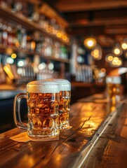 Aufkleber - Two full beer mugs with foamy tops sit on a wooden bar counter with a blurred background of a pub interior. Generative AI