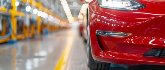 Wall Mural -  A red car's front, up close, in a car wash with surrounding cars in the background