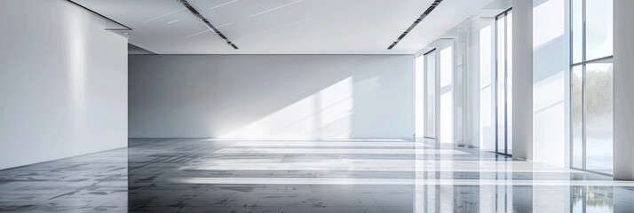 Poster - a wide angle view of a modern art gallery with bright white walls and polished concrete floors refle
