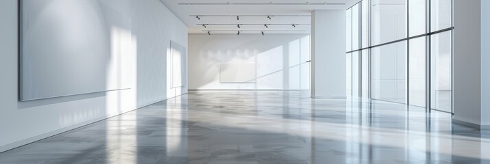 Poster - a wide-angle view of a modern art gallery with bright white walls and polished concrete floors refle