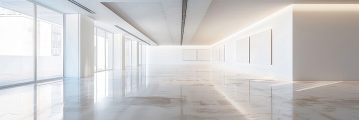 Poster - a wide-angle view of a minimalist modern art gallery with bright white walls and polished concrete f