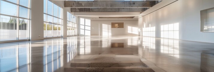 Poster - a wide angle view of a modern art gallery with bright white walls and polished concrete floors refle