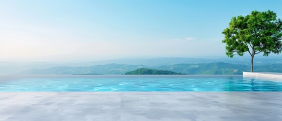 Canvas Print -  A solitary tree borders an empty swimming pool, while a distant mountain range unfolds in the backdrop