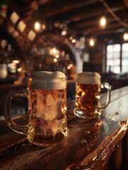 Aufkleber - Two mugs of beer, one with a thick head, sit on a wooden bar counter in a dimly lit pub. Generative AI