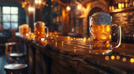 Aufkleber - A mug of beer sits on a wooden bar counter, illuminated by warm string lights. Other mugs and bar stools are visible in the background. Generative AI