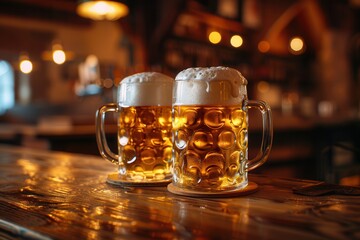 Aufkleber - Two full beer mugs with foamy heads sit on a wooden bar counter, illuminated by warm, ambient lighting. Generative AI