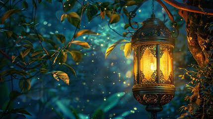 Poster - Vintage lantern hangs from a tree branch, emitting a cozy light in the heart of a mystical enchanted forest after dark