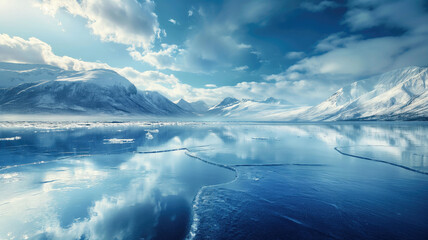 Wall Mural - Icy blue landscape with lake and mountains.