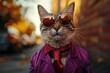 © Vera - Tabby Cat Rocking a Stylish Purple Suit with Aviator Sunglasses and Sharp Red Tie