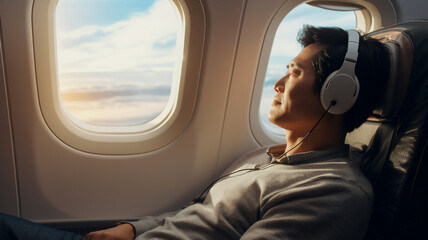 A beautiful Asianadult man sitting in an airplane chair next to the window listening to music with headphones with the airplane wing visible through the airplane window with a clouded view visible thr