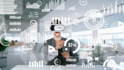 Wall Mural - Businesswoman selecting market business data research analysis graph monitor by VR global innovation interface digital infographic network technology visual hologram animation at office. Contraption.