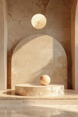 Poster - 3D rendered abstract beige background with geometric shapes and soft lighting