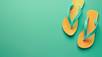 Wall Mural - Stylish flip flops on green background with space for text Top view at the beach