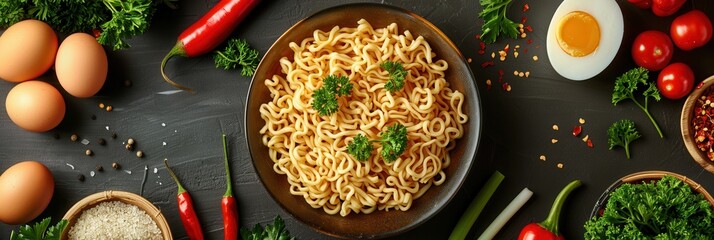 Aufkleber - A bowl of instant noodles sits on a dark kitchen table, surrounded by fresh ingredients like eggs, peppers, herbs, and vegetables. Generative AI