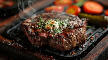 Canvas Print - Close-up of a sizzling steak with garlic butter and fresh herbs on a skillet, resting on wood