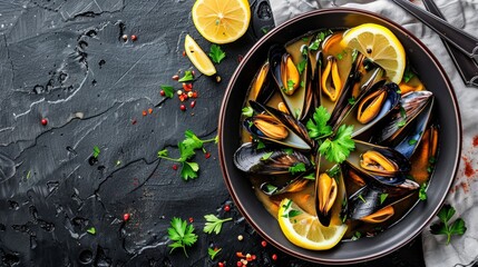 Wall Mural - A black bowl of steamed mussels in a creamy broth with lemon wedges and fresh herbs, shot from above on a black background