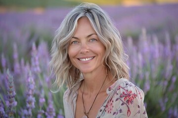 Vibrant, poised woman with a radiant smile against a peaceful lavender backdrop, with plenty of space for text.