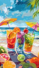 Aufkleber - Three colorful cocktails with fruit garnishes and umbrellas on a sandy beach with an ocean backdrop. Generative AI
