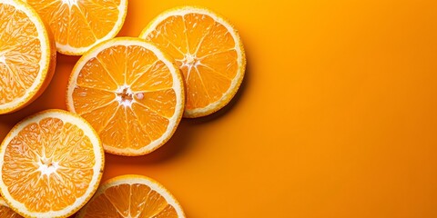 Wall Mural - Close-up view of fresh orange slices with water droplets on an orange background. Orange banner. Orange background. Close-up food photography
