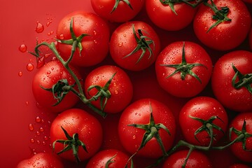 Wall Mural - Lush red tomatoes with green stems fill the frame on a contrasting red background, showcasing freshness and uniformity. 