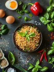 Aufkleber - Instant noodles in a bowl surrounded by fresh ingredients, including basil, peppers, eggs, and vegetables. Generative AI