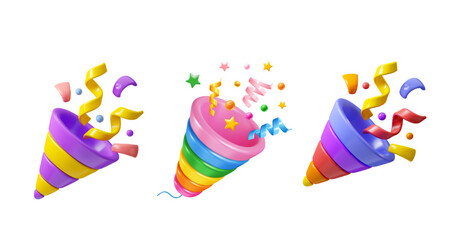 3D Party popper emoji with explosion confetti. Birthday surprise. Firecracker with serpentine. Holiday and event celebration. Cartoon creative design 3d set vector icons isolated on awhite background 