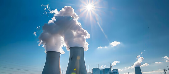 Wall Mural - Sunny day landscape showing a Nuclear power Plant with smoke against a blue sky; perfect for copy space image.