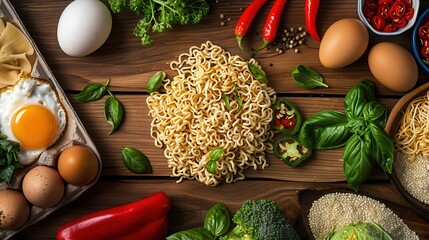 Poster - Instant noodles are surrounded by fresh ingredients, including herbs, peppers, eggs, and vegetables, on a kitchen table. Generative AI