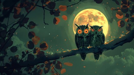 Two owls with bright orange eyes sit on a branch under a full moon, symbolizing wisdom, night, love, companionship, and nature.