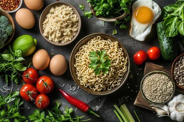Aufkleber - A bowl of instant noodles surrounded by fresh ingredients like herbs, peppers, eggs, vegetables, and spices on a kitchen table. Generative AI