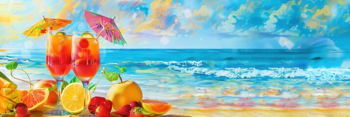 Aufkleber - Two cocktails in tall glasses garnished with fruit and topped with tiny umbrellas sit on a beach in front of a clear blue ocean with waves breaking on the shore. Generative AI