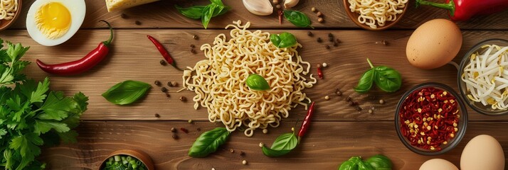 Aufkleber - A plate of instant noodles sits on a wooden table, surrounded by various fresh ingredients including herbs, peppers, eggs, and vegetables. Generative AI
